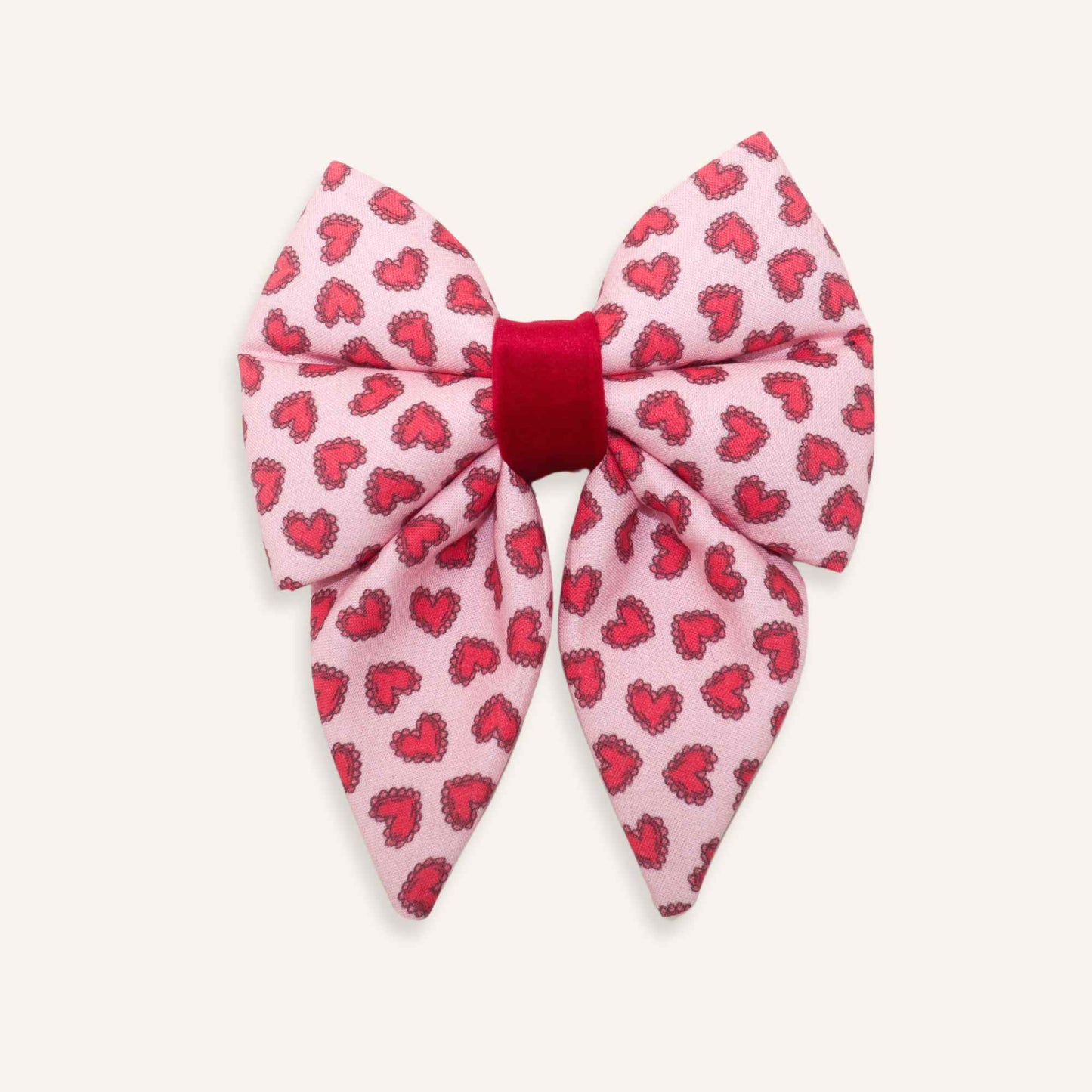 Pink Heart Print Dog Sailor Bow with Red Center Band, Valentine’s Day Over the Collar Dog Accessory