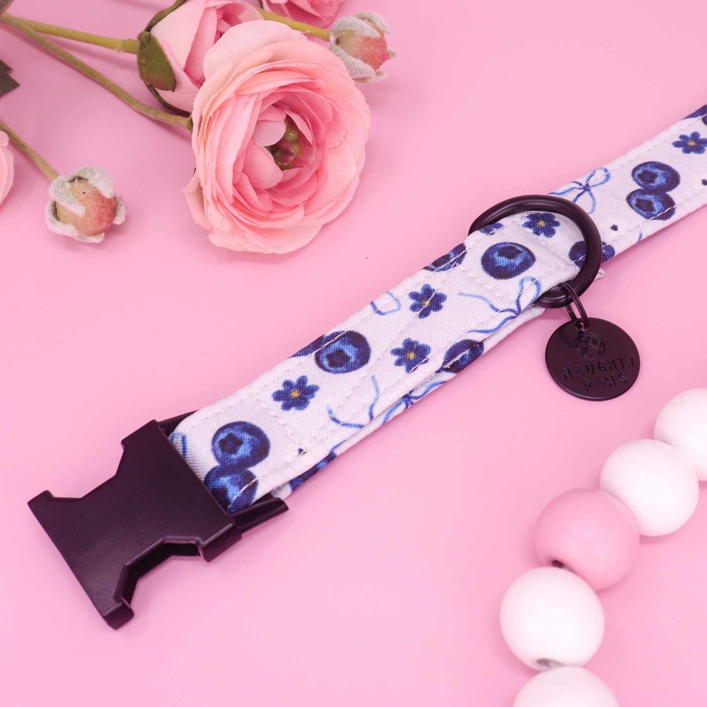 Handmade coquette dog collar featuring blueberries and bow details