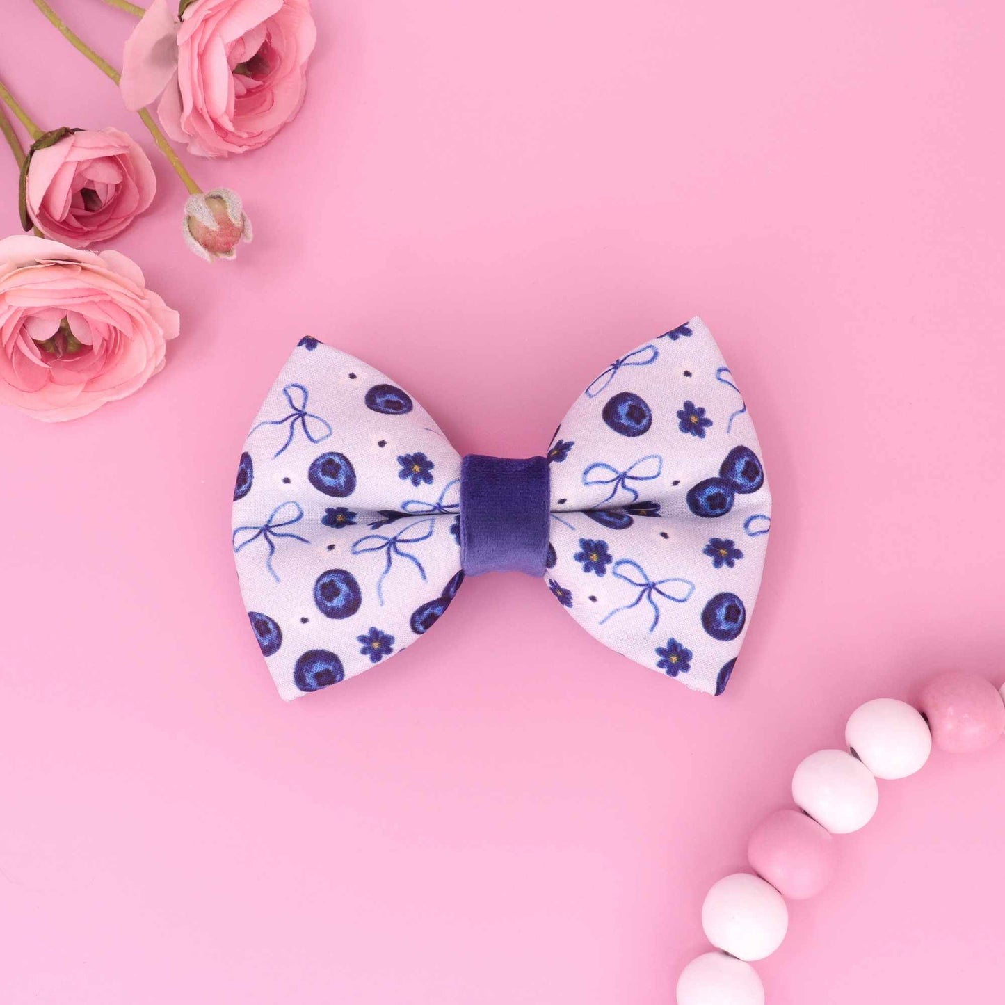 Blueberry Crumble puffy dog bow tie with blueberry print and coquette bows