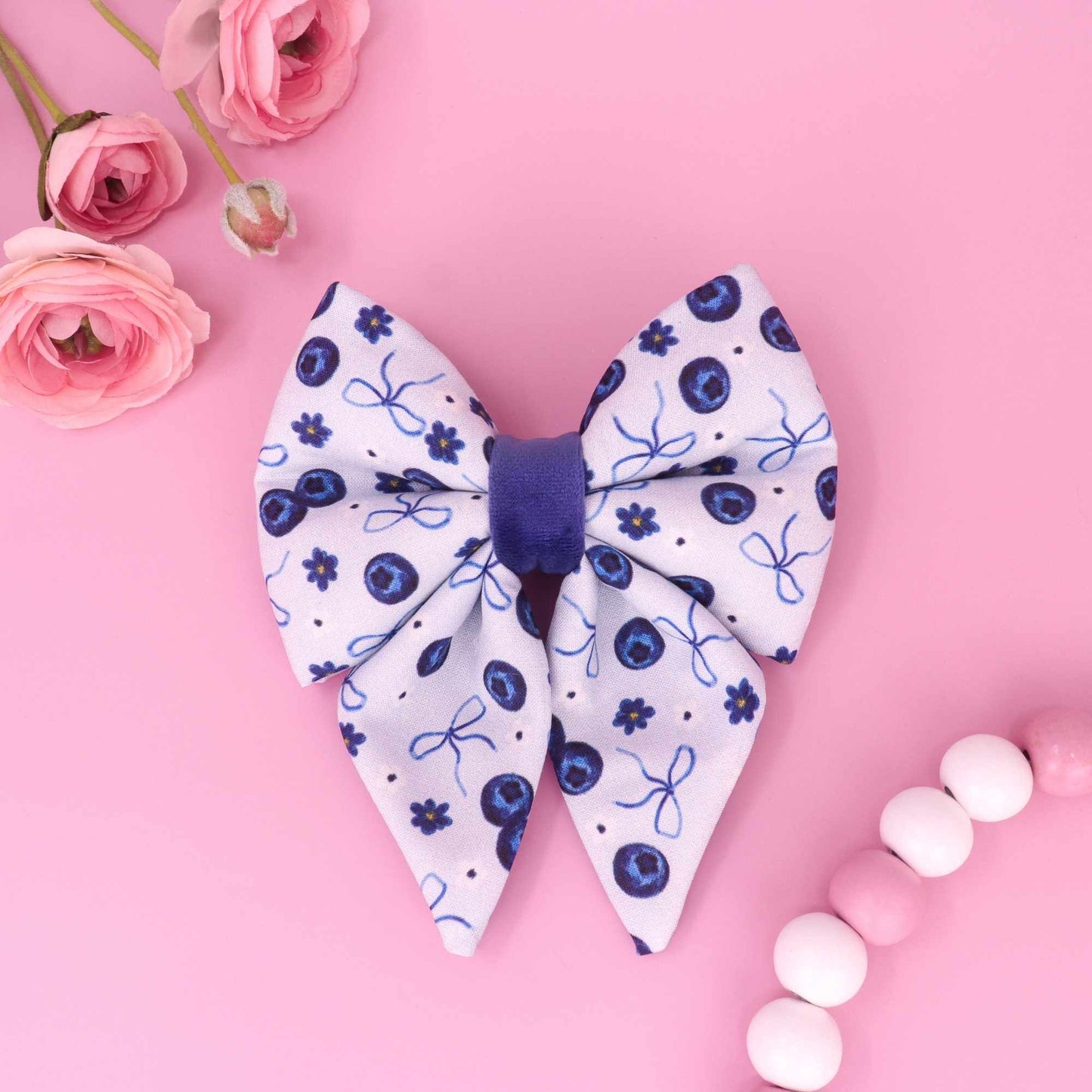 Blueberry Crumble sailor dog bow with blueberry print and coquette bows