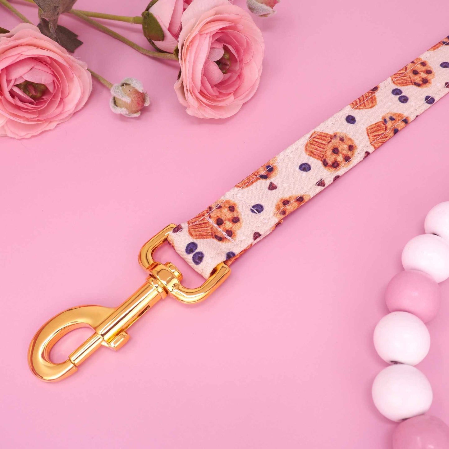 Handmade dog leash featuring blueberry muffins bakery design