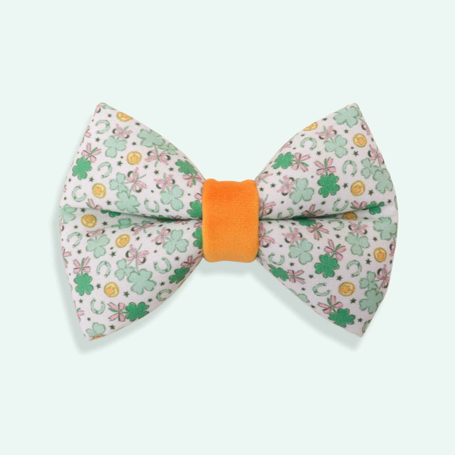 Clover Charm pink dog bowtie with lucky clover charm print, coquette style pet bow