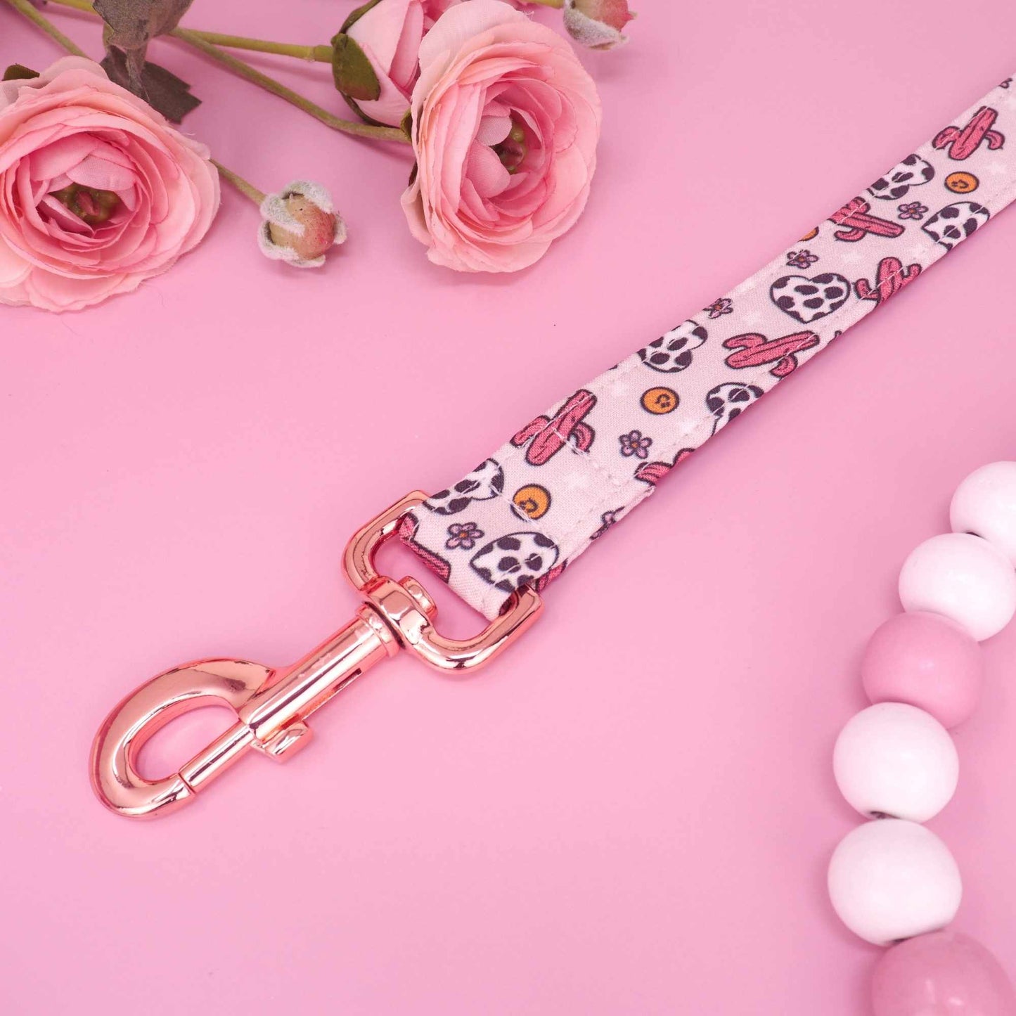 Handmade pink western dog leash with cowgirl pattern