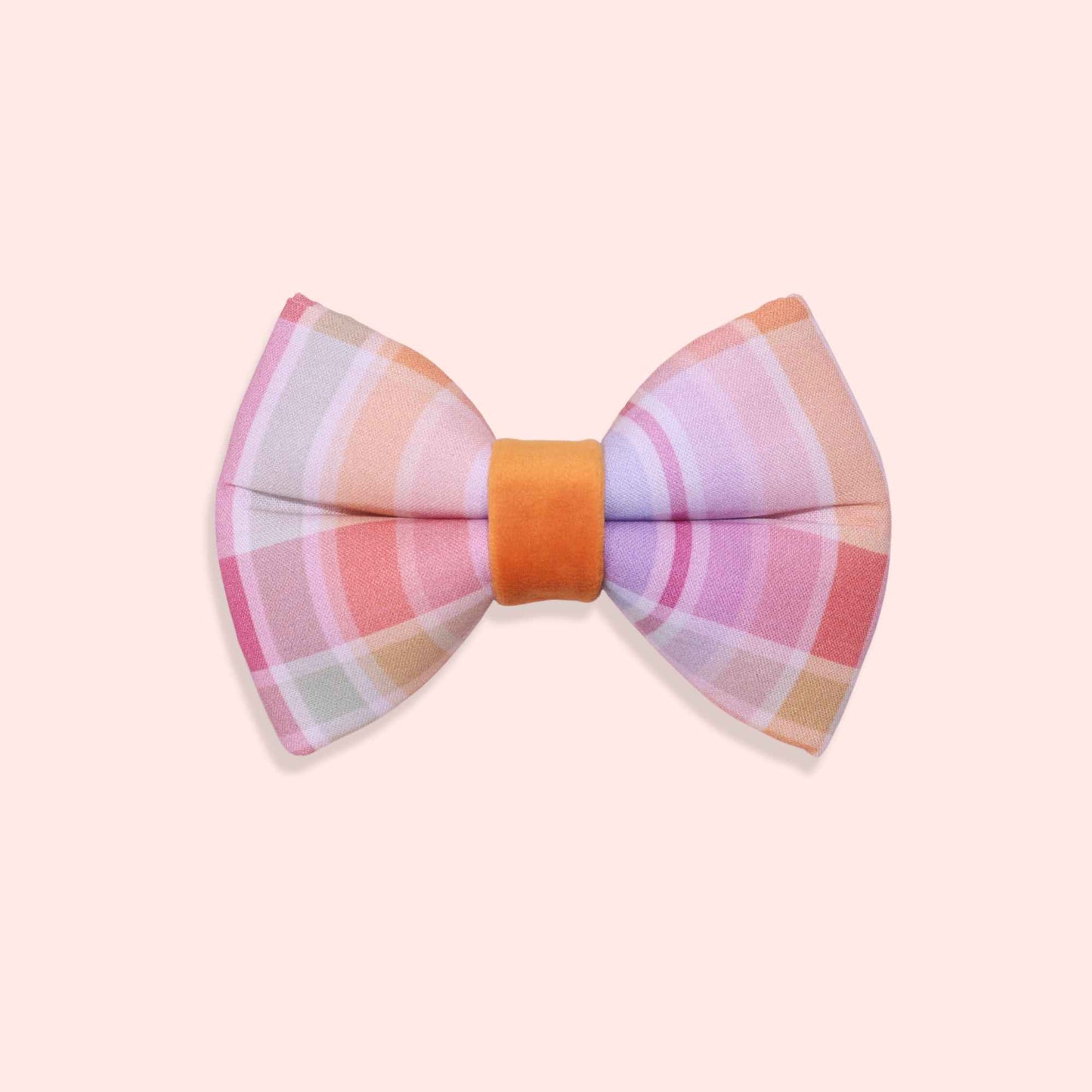 Pastel plaid dog bow tie with pink, peach, and lavender checkered pattern from the Summer Sunset collection
