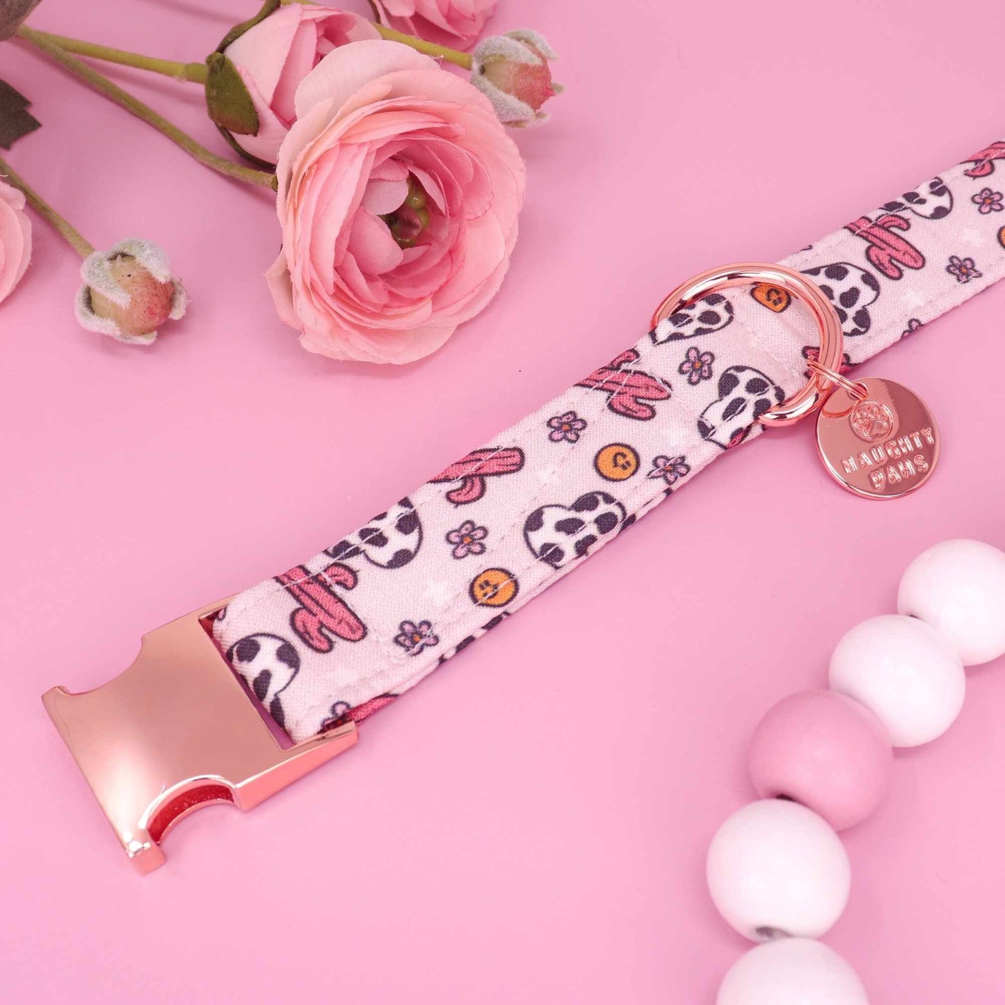 Handmade pink western dog collar with cowgirl pattern