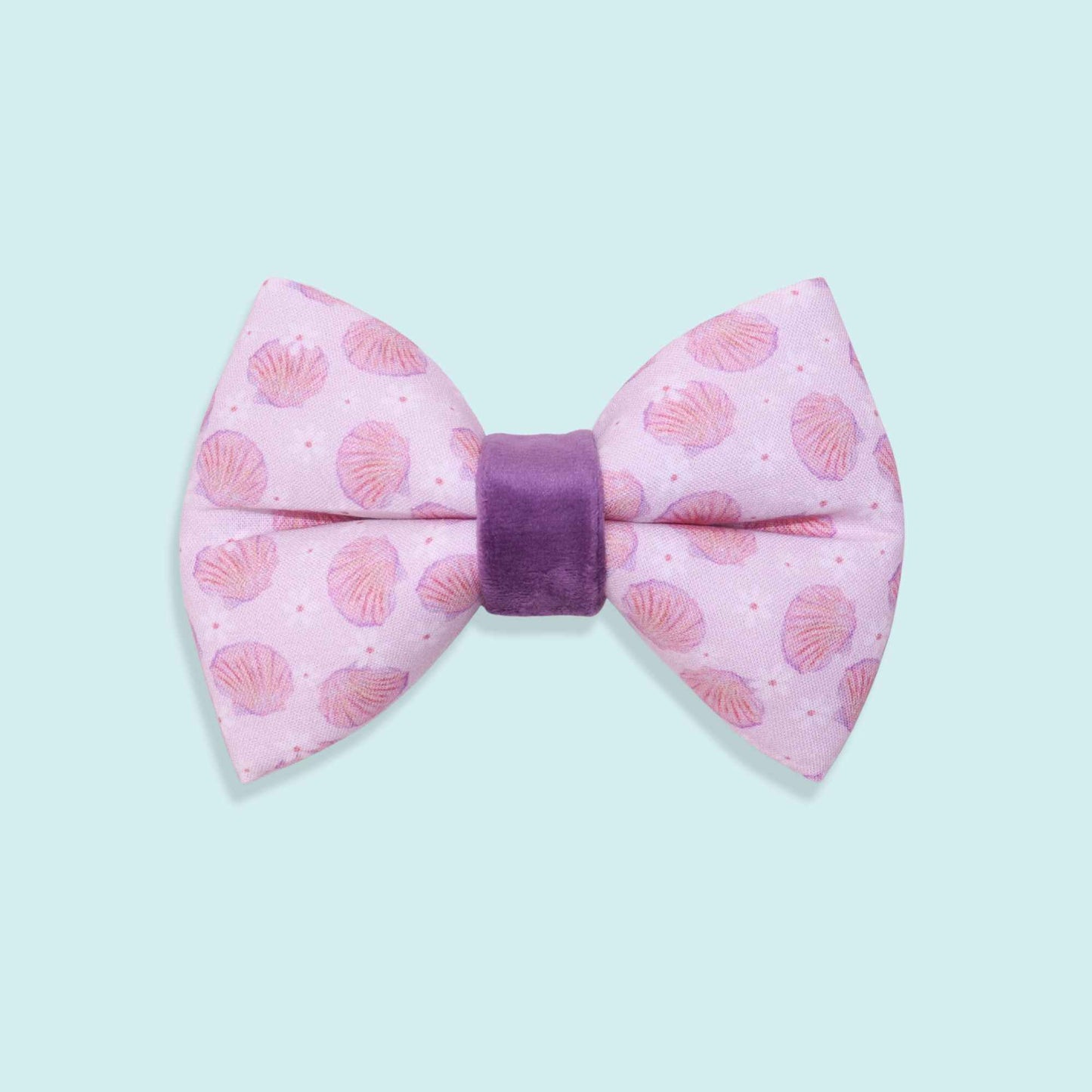 Pink seashell puffy dog bow tie with coastal beach pattern and soft pastel colors from the Pearl Coast collection