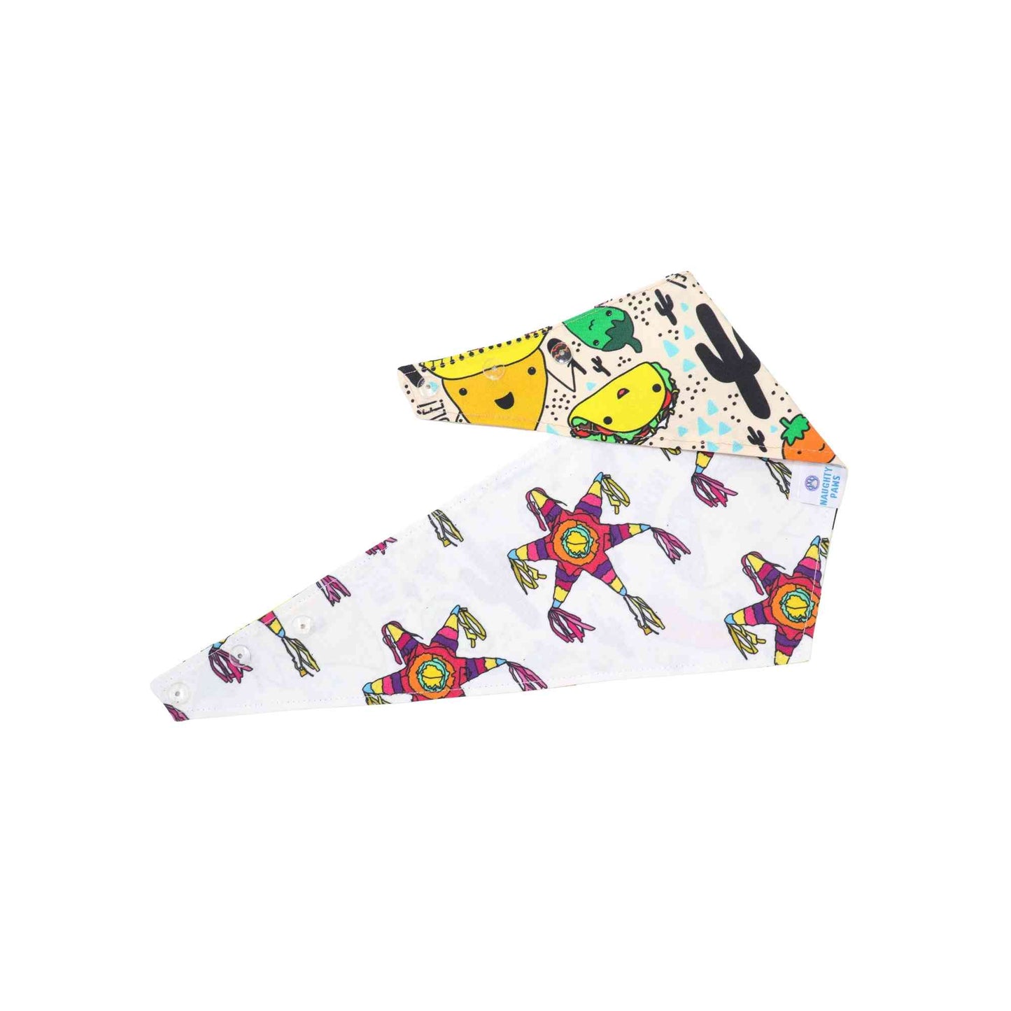 Get your furry friend ready for the 5 de Mayo celebration with our 'Let's Taco-bout' Tacos and Piñatas reversible dog bandana. Our bandana features a fun and festive design with tacos and piñatas, perfect for any fiesta. The reversible design allows for two different looks in one, providing versatility and style.