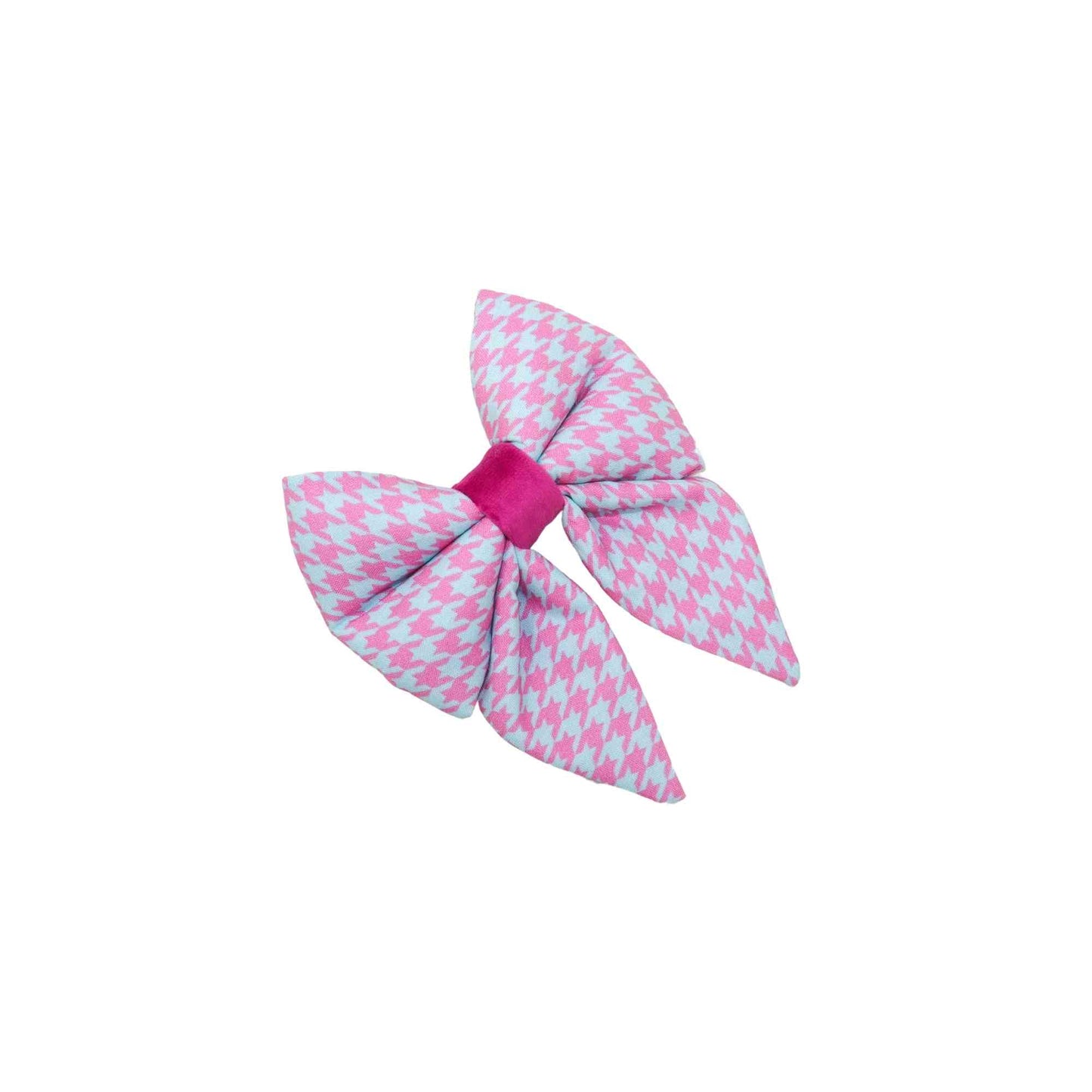 Make your pup the most stylish one in the park with our Pink and Blue Houndstooth Girl Dog Sailor Bow! This handmade bow is designed to slip easily over your pup's collar and comes in a range of sizes to fit dogs of all breeds and sizes. Made with high-quality fabric and expert craftsmanship, this bow is both durable and comfortable. The pink and blue houndstooth print is perfect for the fashionable girl pup and adds a touch of sophistication to any outfit.