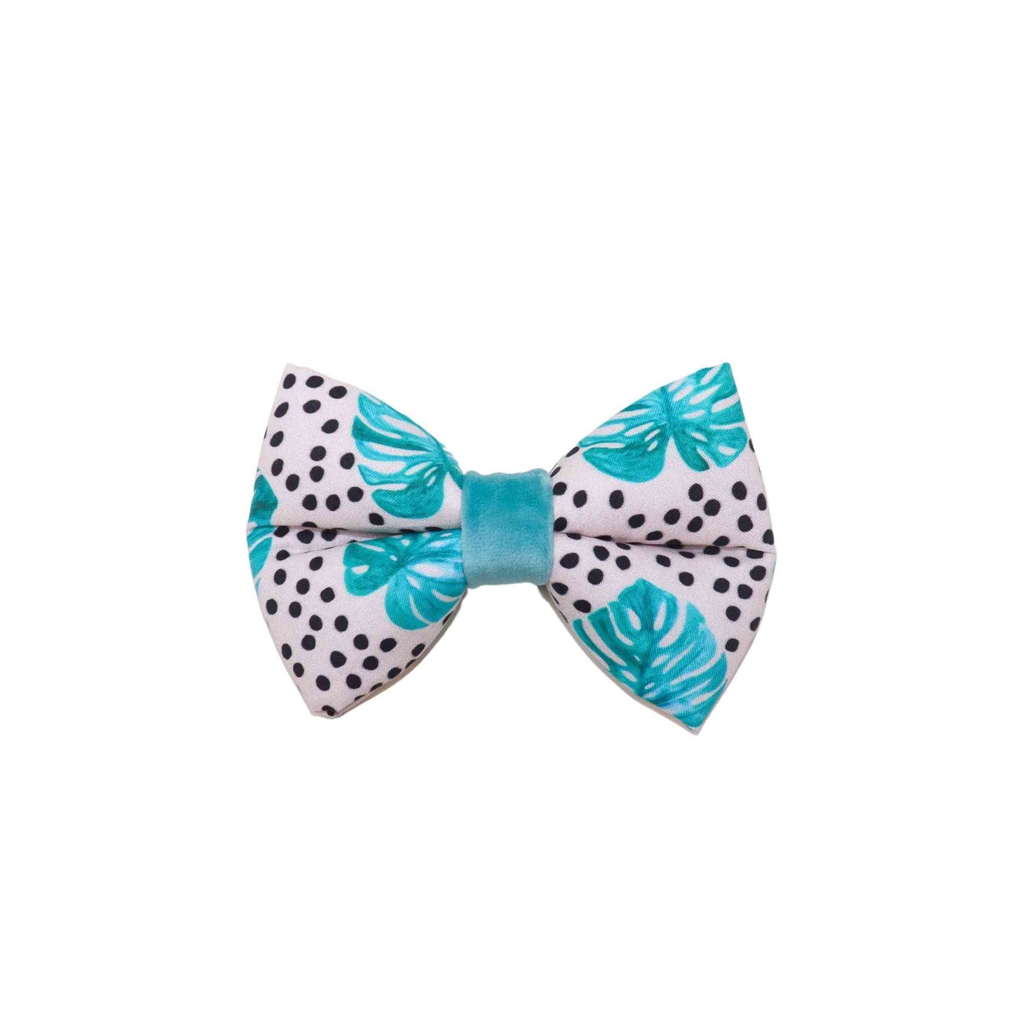 Add a touch of nature to your furry friend's wardrobe with our 'Swiss Cheese' Monstera Leaf with Black Polka Dots dog bow tie. Our bow tie is designed with two elastic loops that easily attach to your pet's collar, ensuring a comfortable and secure fit. The 'Swiss Cheese' Monstera Leaf pattern with black polka dots is both fun and stylish, making it perfect for any occasion. Available in small, medium, large, and extra-large sizes to fit dogs of all breeds and sizes.