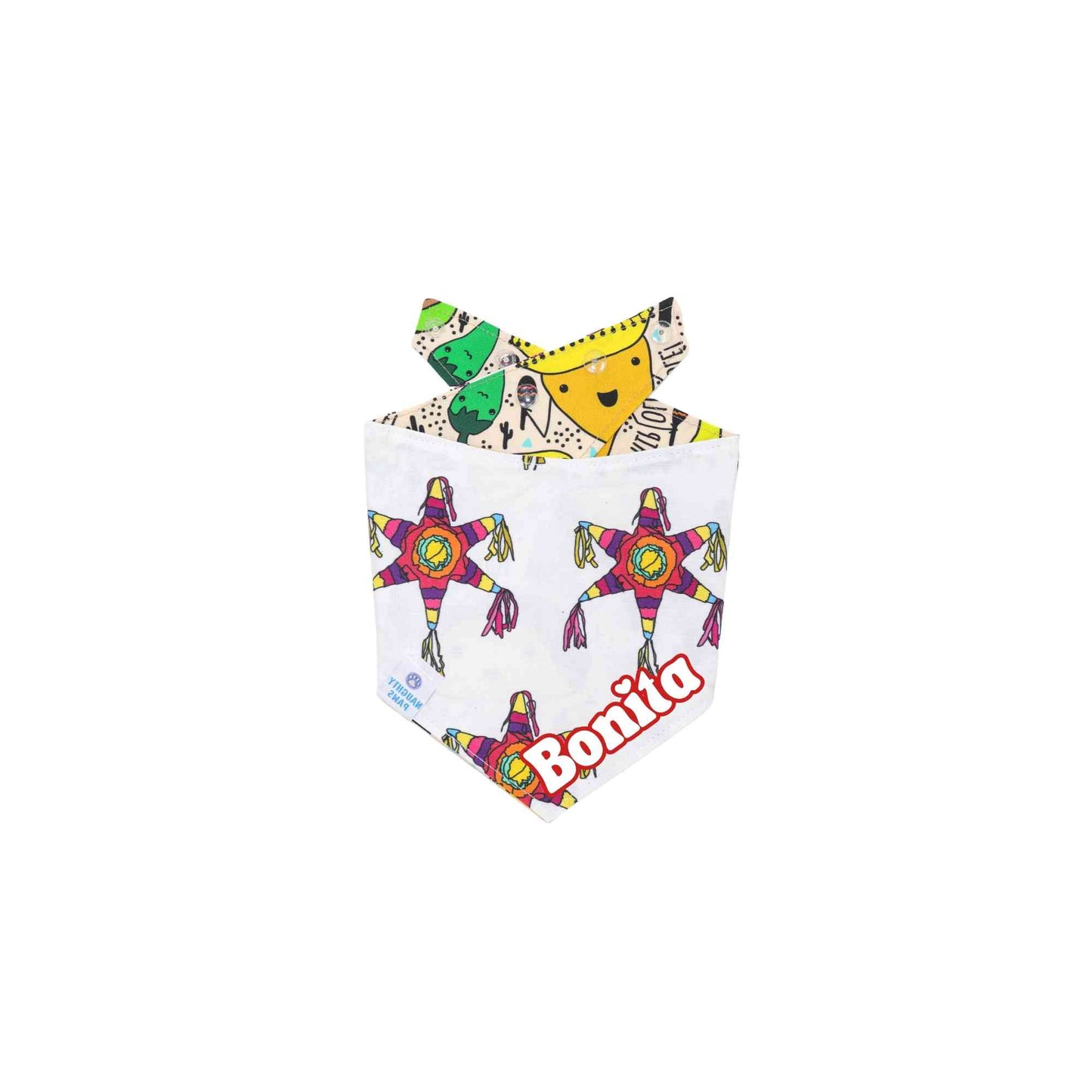 Get your furry friend ready for the 5 de Mayo celebration with our 'Let's Taco-bout' Tacos and Piñatas reversible dog bandana. Our bandana features a fun and festive design with tacos and piñatas, perfect for any fiesta. The reversible design allows for two different looks in one, providing versatility and style.