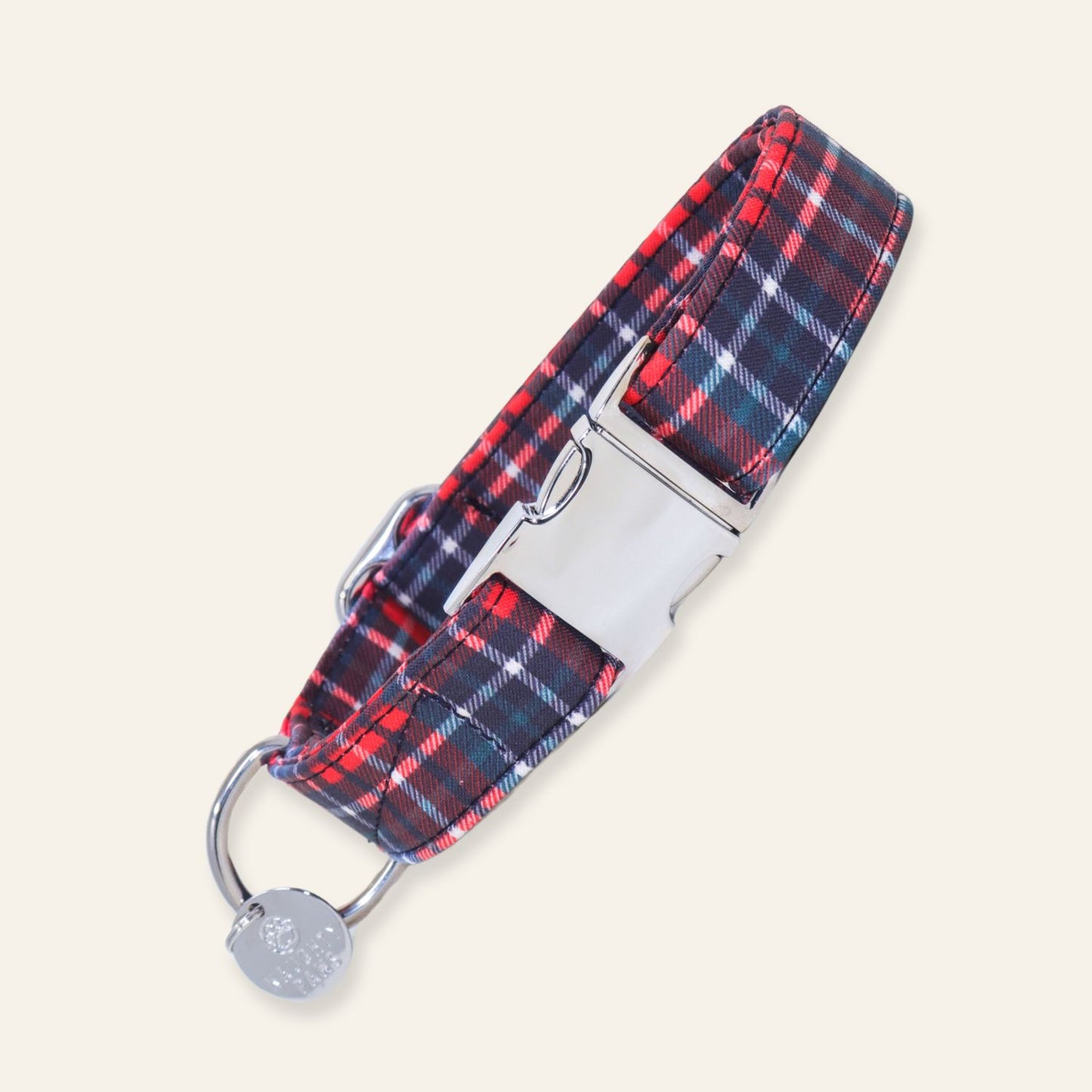 Handmade red and navy tartan plaid dog collar with adjustable fit and durable metal hardware, Christmas cotton collar for dogs and puppies.
