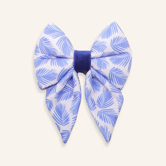 Handmade blue palm leaf dog sailor bow with tropical leaf print, over the collar cotton dog bow for stylish dogs and puppies.