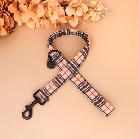 London Stroll plaid dog leash with black and beige checkered design, handmade durable walking lead for dogs