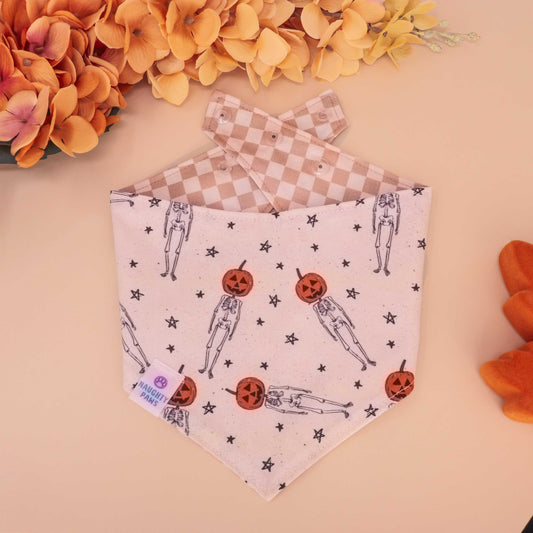 Latte Check reversible dog bandana with beige gingham on one side and pumpkin skeleton print on the other, handmade snap-on Halloween bandana for pets
