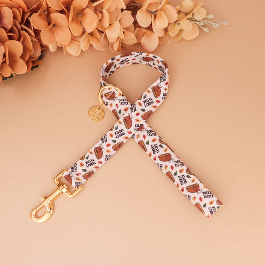 Turkey Taster Thanksgiving dog leash with turkeys and autumn leaves, handmade festive fall walking lead for pets”