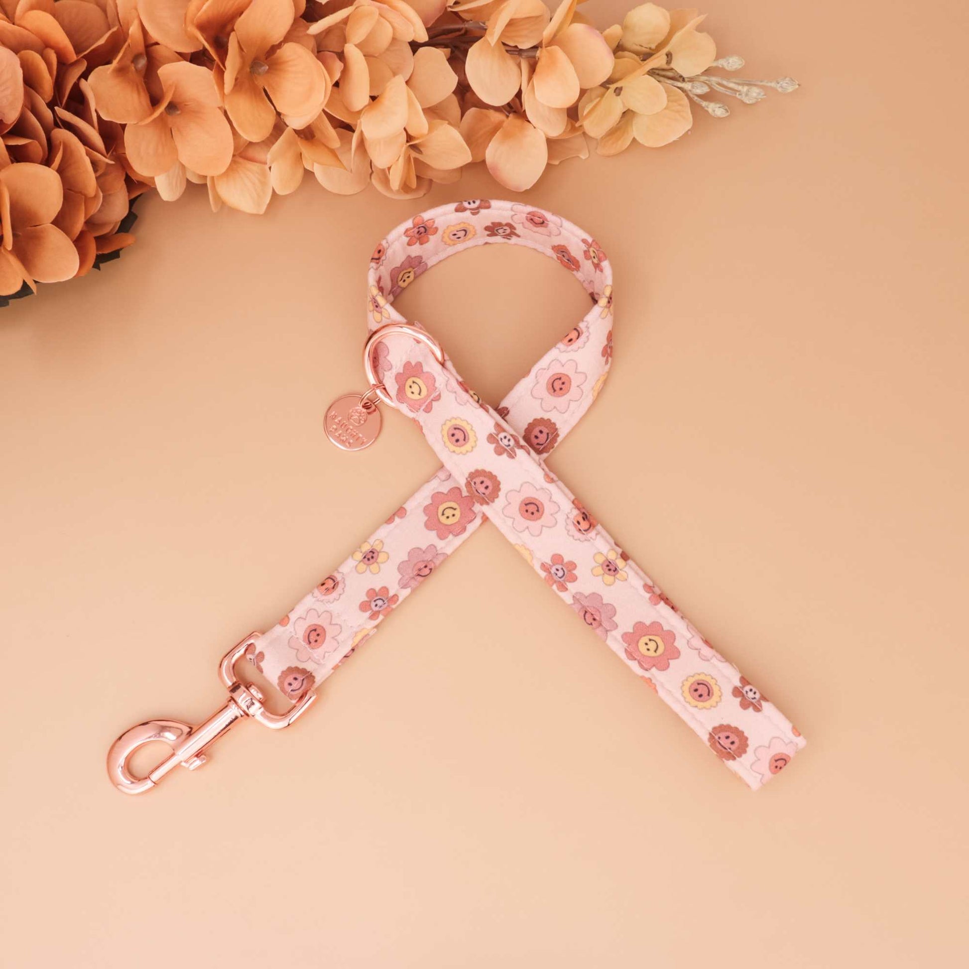Autumn Groove dog leash with pink and brown retro floral print, handmade durable fall walking lead for pets