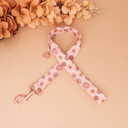 Autumn Groove dog leash with pink and brown retro floral print, handmade durable fall walking lead for pets