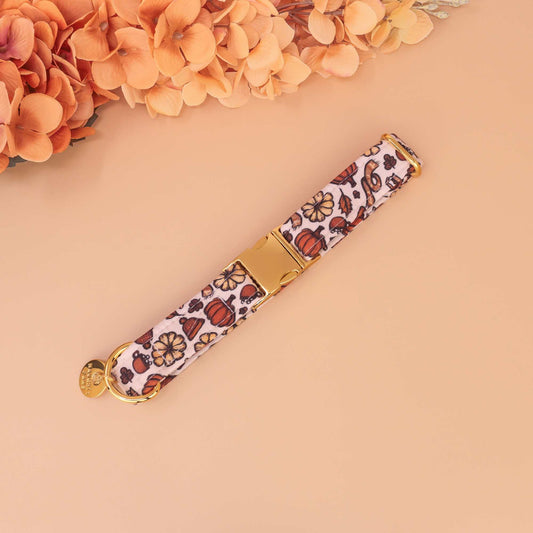Harvest Market fall dog collar with pumpkins, florals, and acorns, handmade adjustable in martingale or flat buckle styles