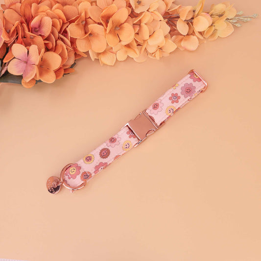 Autumn Groove dog collar with pink and brown retro floral print, handmade adjustable in martingale or flat buckle styles