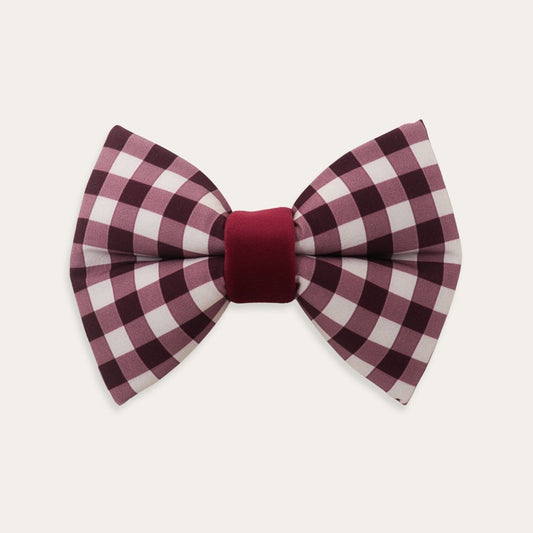 Burgundy gingham dog bow tie in a classic plaid pattern for fall