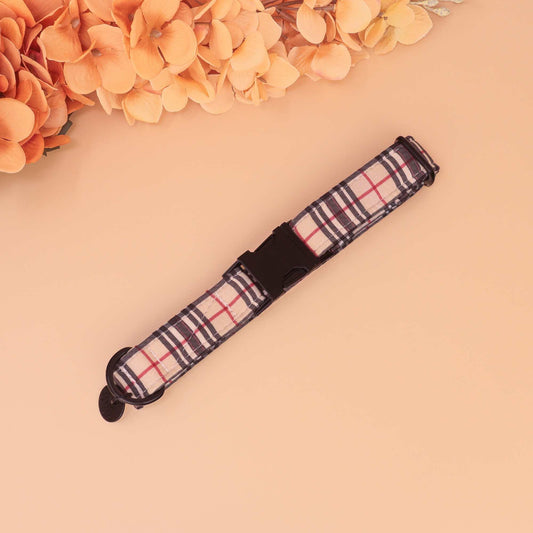 London Stroll checkered plaid dog collar in black and beige, handmade Martingale style