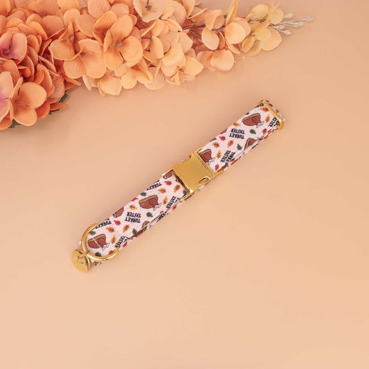 Turkey Taster Thanksgiving dog collar with turkeys and autumn leaves, handmade adjustable in martingale or flat buckle styles
