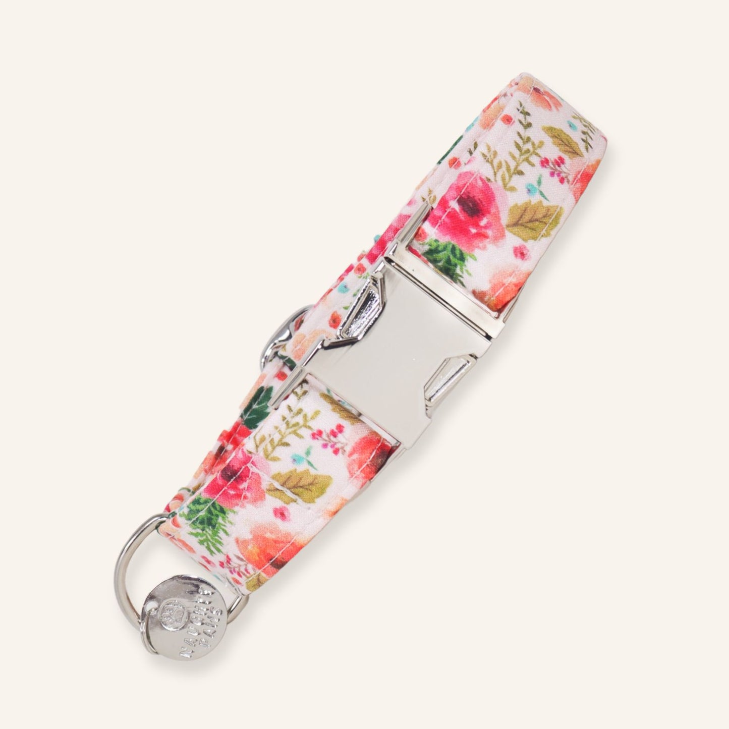 Handmade pink floral dog collar with romantic garden flower print, adjustable cotton dog collar with premium metal buckle for dogs and puppies.
