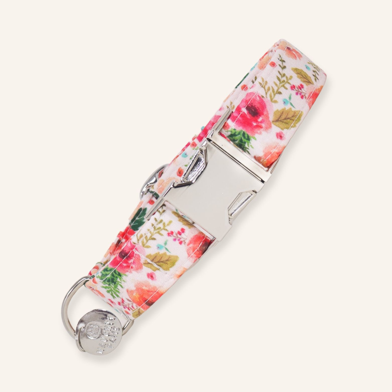 Handmade pink floral dog collar with romantic garden flower print, adjustable cotton dog collar with premium metal buckle for dogs and puppies.
