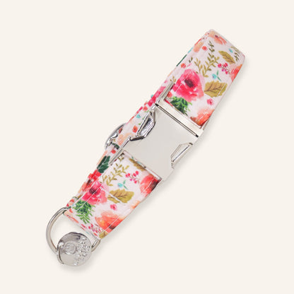 Handmade pink floral dog collar with romantic garden flower print, adjustable cotton dog collar with premium metal buckle for dogs and puppies.
