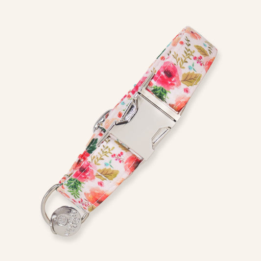 Handmade pink floral dog collar with romantic garden flower print, adjustable cotton dog collar with premium metal buckle for dogs and puppies.
