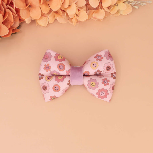 Autumn Groove puffy dog bow tie with pink and brown retro floral print, handmade slide-on collar bow for fall pets