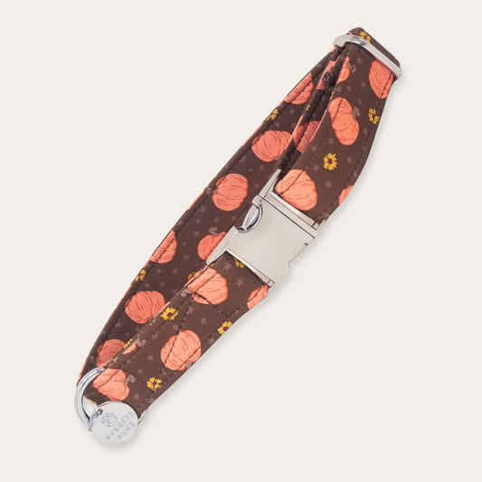 A fabric dog collar with a brown background and an orange pumpkin pattern, featuring a silver metal buckle and D-ring, shown on a light beige background.