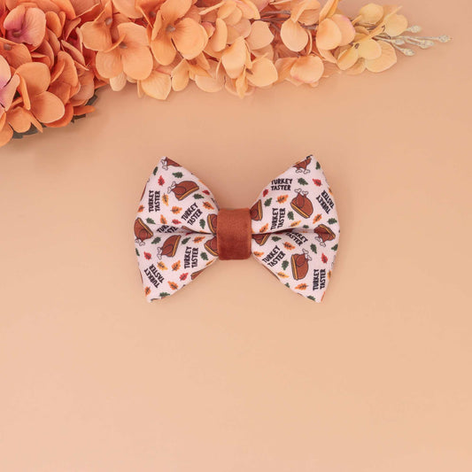 Turkey Taster puffy dog bow tie with turkeys and autumn leaves, handmade slide-on collar bow for Thanksgiving pets