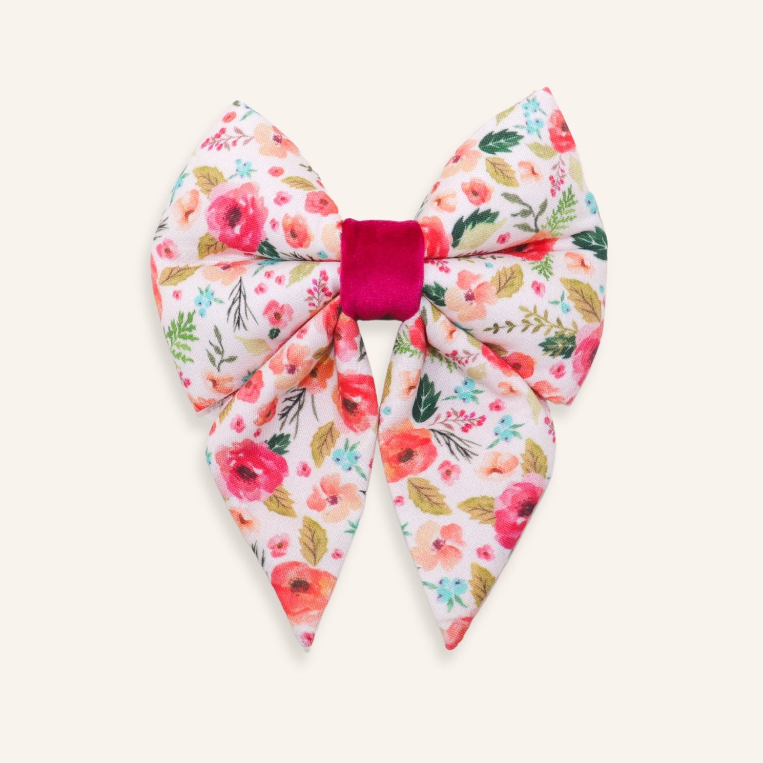 Handmade pink floral dog sailor bow with romantic garden flower print and fuchsia center, over the collar cotton bow for dogs and puppies.