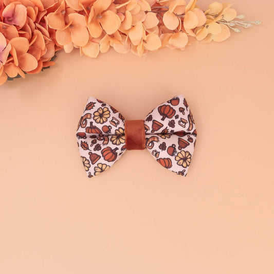 Harvest Market puffy dog bow tie with pumpkins, florals, and acorns, handmade slide-on collar bow for fall pets