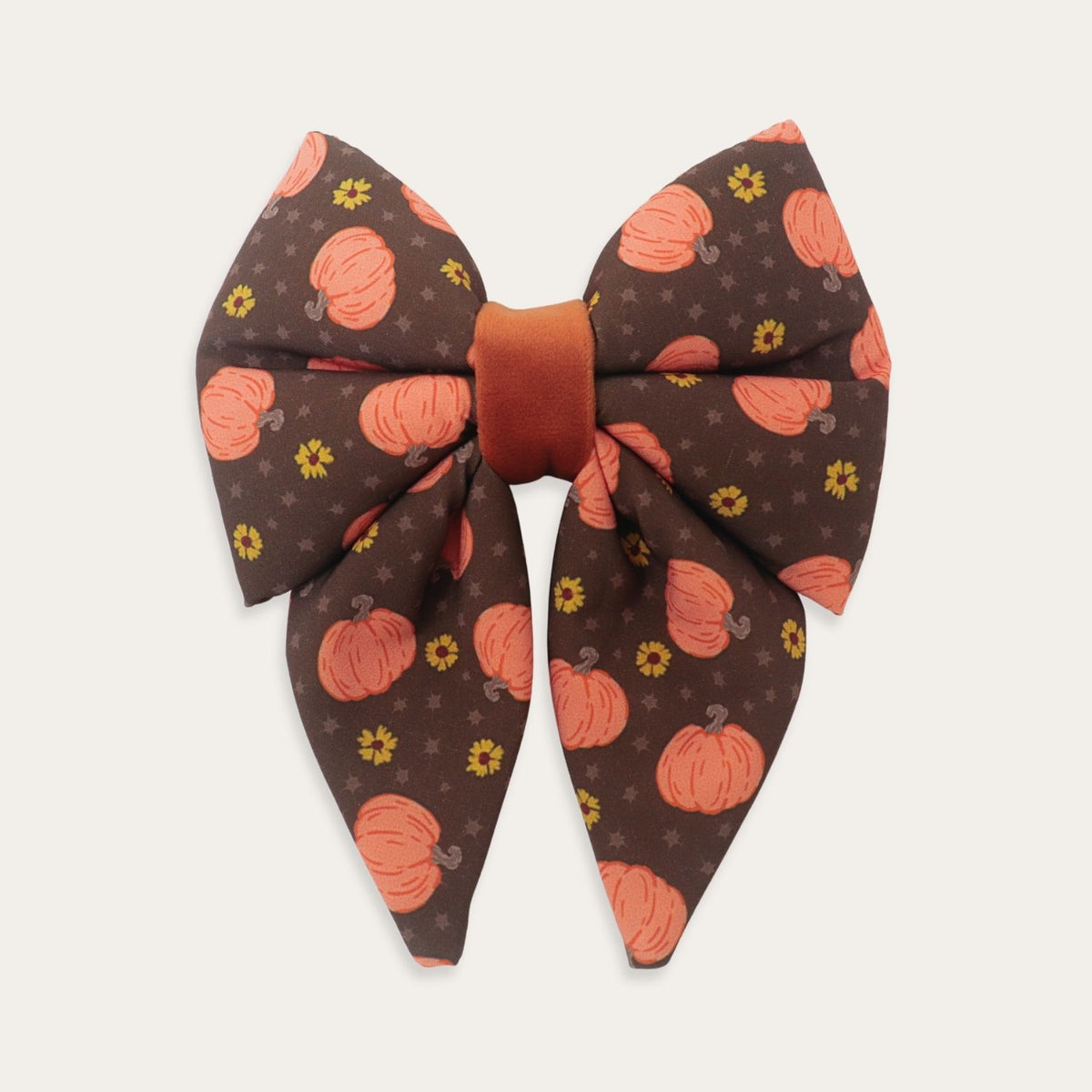 Brown pumpkin dog Sailor Bow with orange pumpkins and yellow flowers