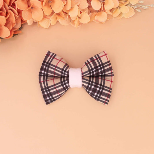 London Stroll puffy dog bow tie in plaid black and beige checkered print, handmade slide-on collar bow for male or female dogs