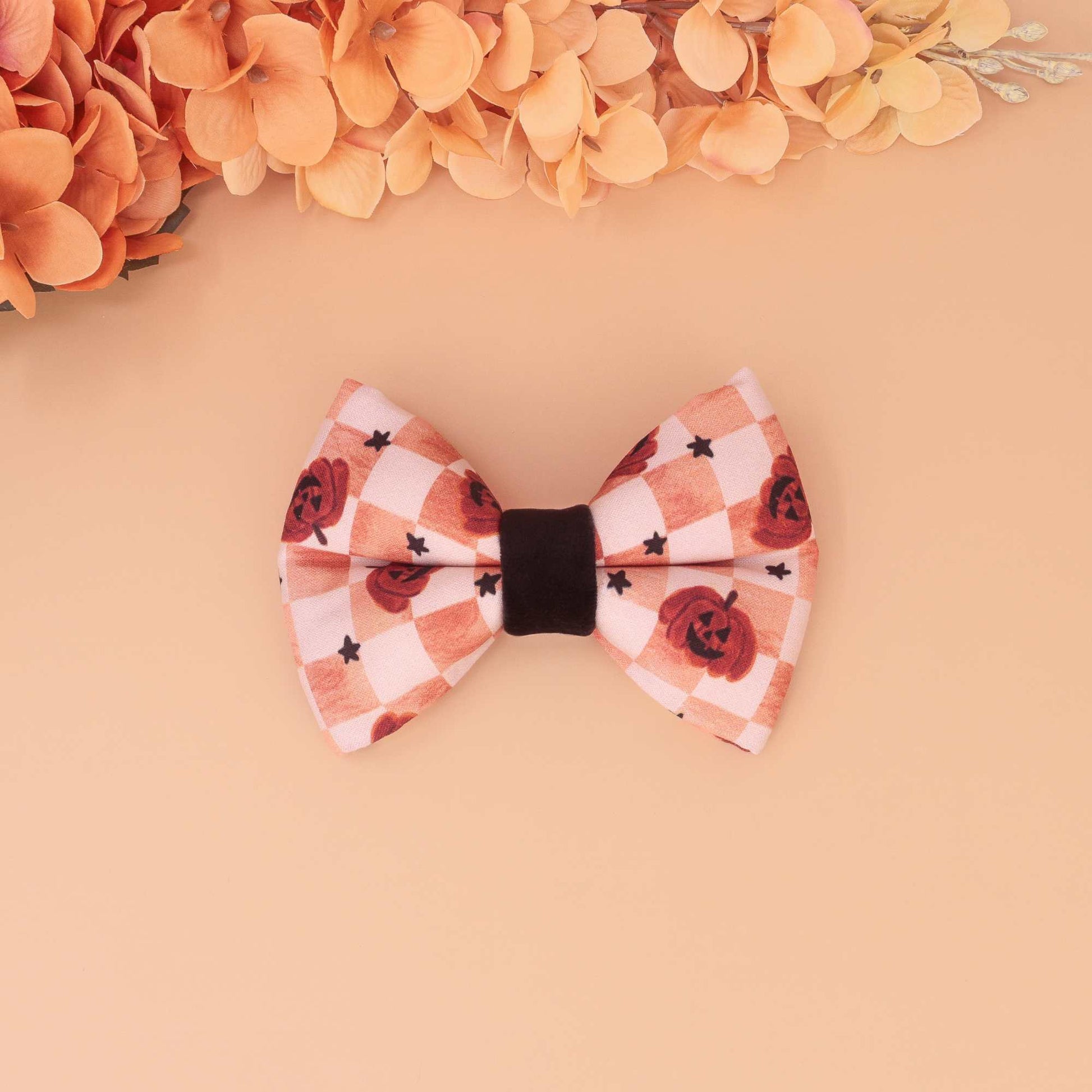 Pumpkin Spice Check puffy dog bow tie in peach and cream gingham with pumpkins, handmade slide-on collar bow for fall pets