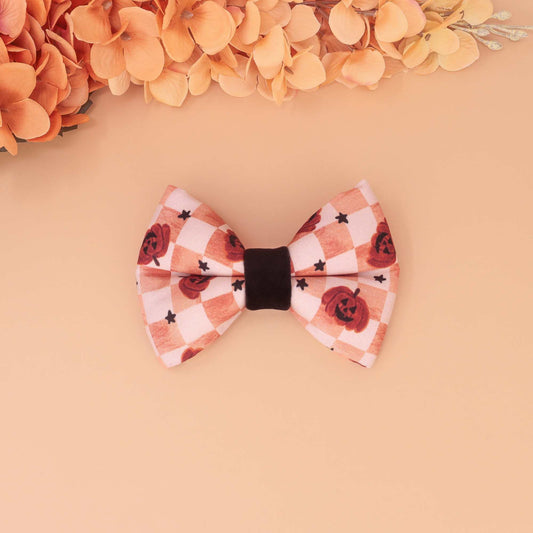 Pumpkin Spice Check puffy dog bow tie in peach and cream gingham with pumpkins, handmade slide-on collar bow for fall pets