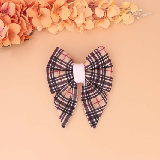London Stroll dog sailor bow with black and beige plaid checkered print, handmade slide-on collar bow for dogs