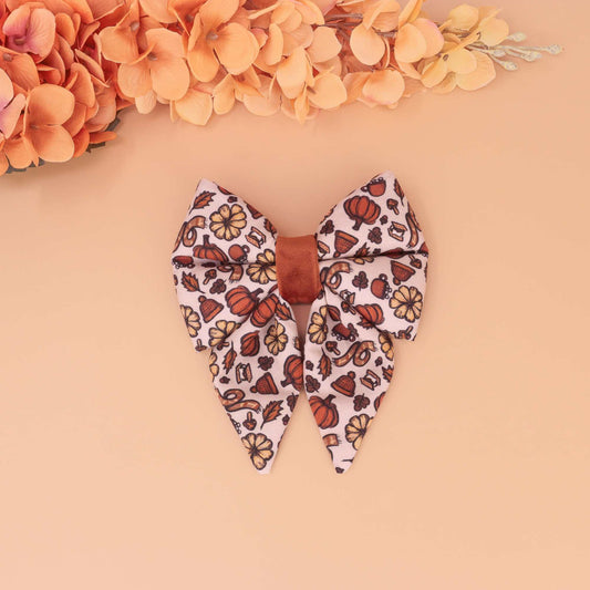 Harvest Market dog sailor bow with pumpkins, florals, and acorns, handmade slide-on collar bow for fall pets