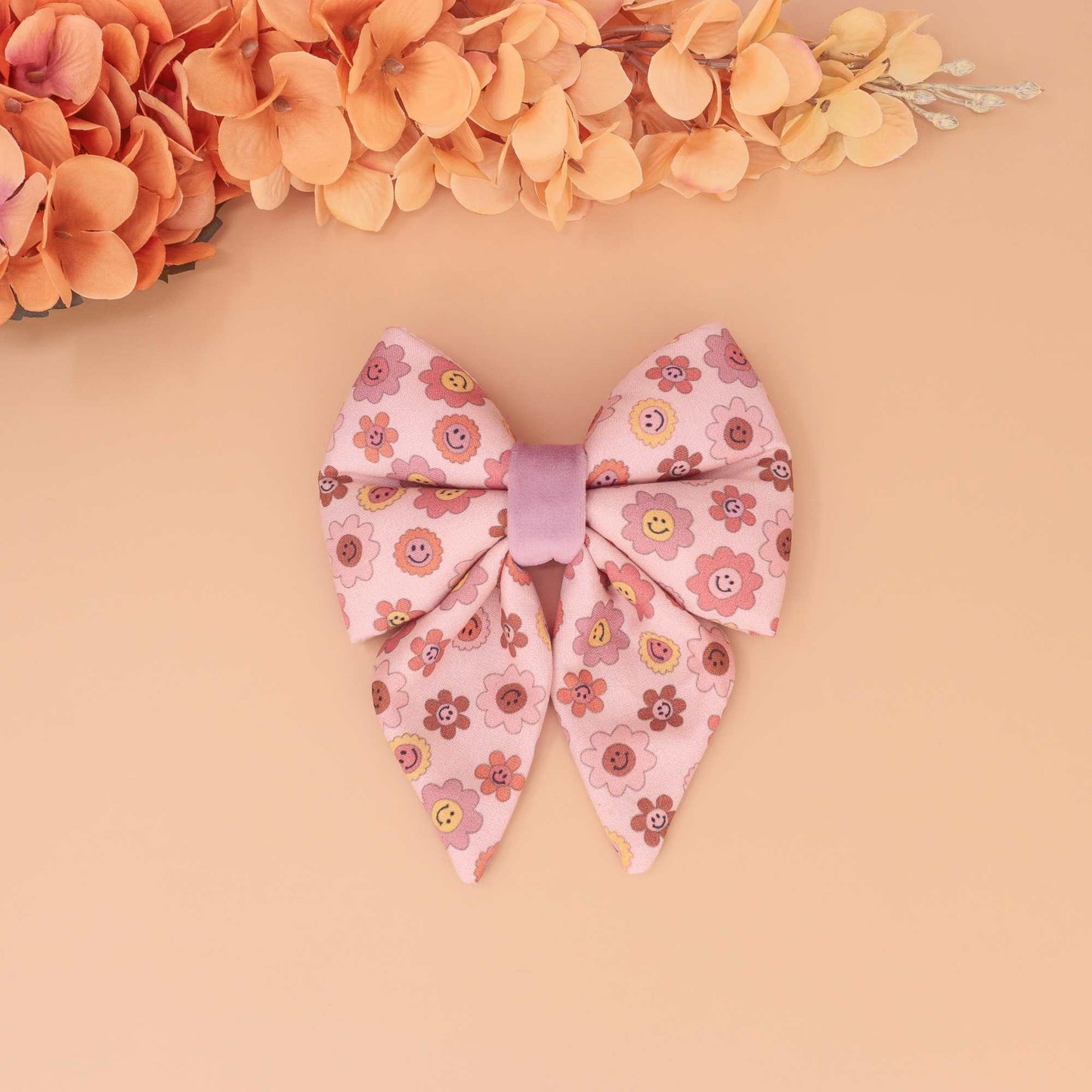Autumn Groove dog sailor bow with pink and brown retro floral print, handmade slide-on collar bow for fall pets
