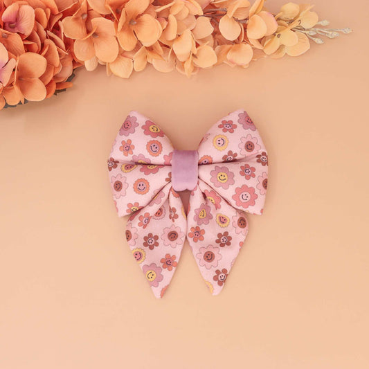 Autumn Groove dog sailor bow with pink and brown retro floral print, handmade slide-on collar bow for fall pets