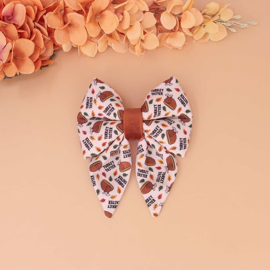 Turkey Taster dog sailor bow with turkeys and autumn leaves, handmade slide-on collar bow for festive Thanksgiving pets”