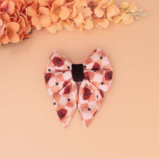 Pumpkin Spice Check dog sailor bow with peach and cream gingham and pumpkins, handmade slide-on collar bow for fall pets