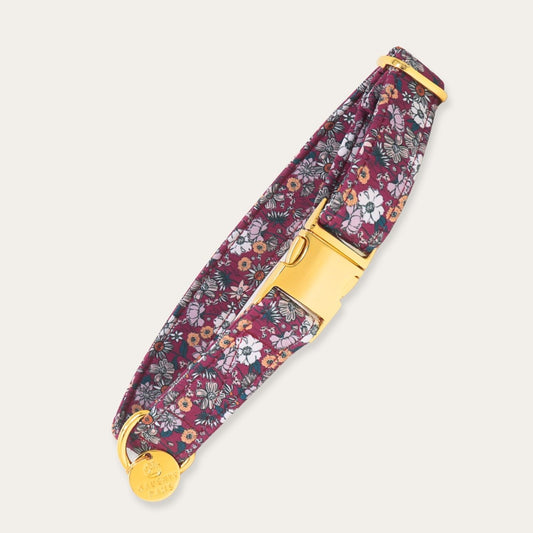 Burgundy floral dog collar with pink, white, orange and blue wildflowers