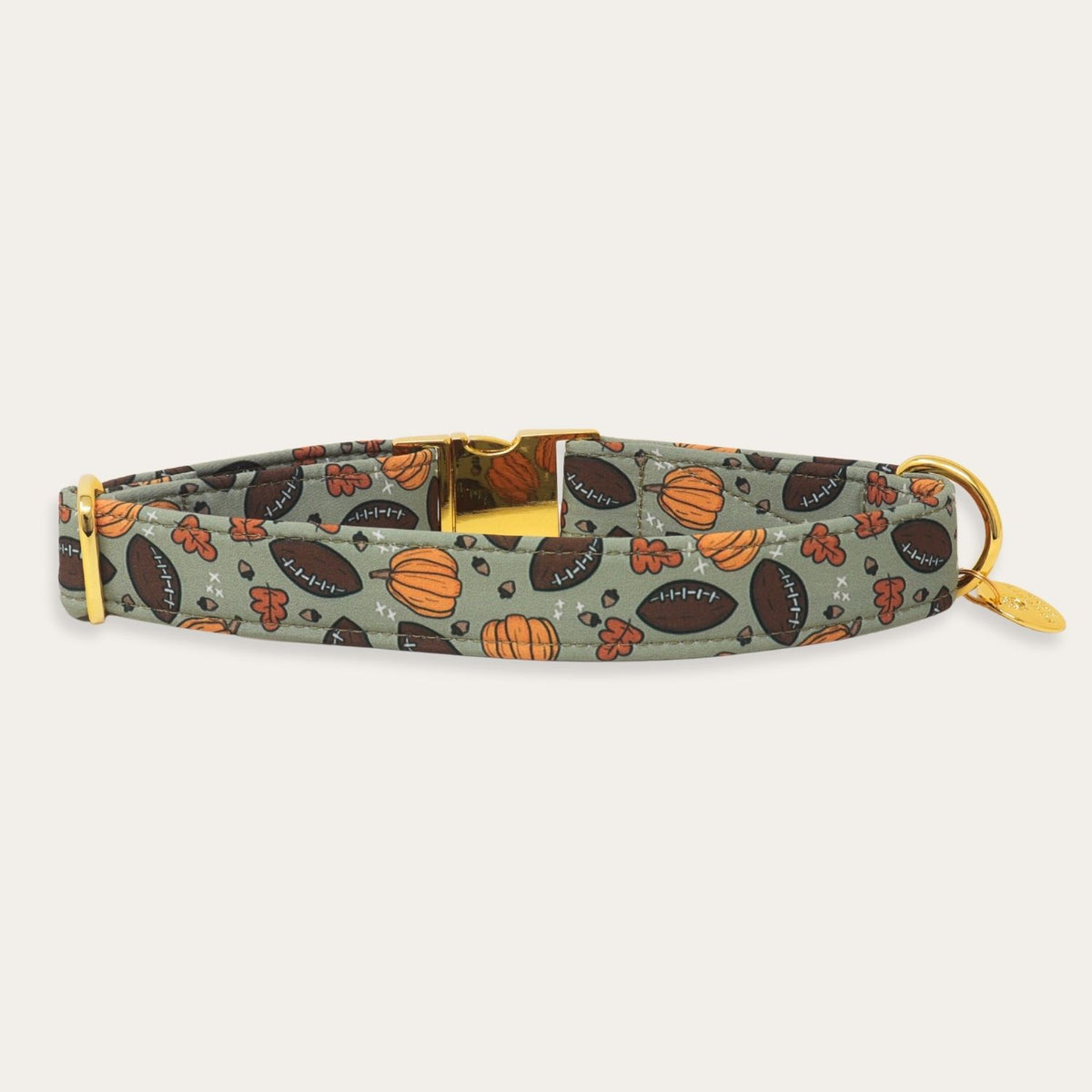 A dog collar with a sage green background and a repeating pattern of footballs, pumpkins, and acorns in brown, orange, and black. It features a gold-tone metal buckle, D-ring, and tag.
