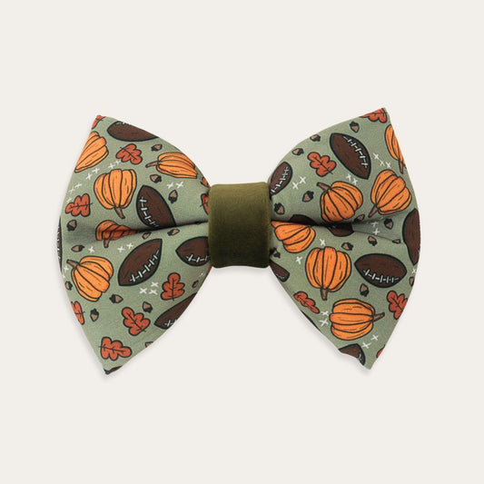 Apple floral dog bow tie with red apples, pink flowers and sage green background