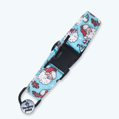 Handmade blue Christmas dog collar featuring Santa Claus, gingerbread cookies, candy canes, and festive holiday treats with black hardware and an adjustable fit for dogs and puppies.