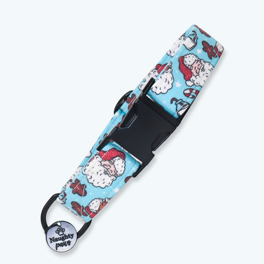 Handmade blue Christmas dog collar featuring Santa Claus, gingerbread cookies, candy canes, and festive holiday treats with black hardware and an adjustable fit for dogs and puppies.